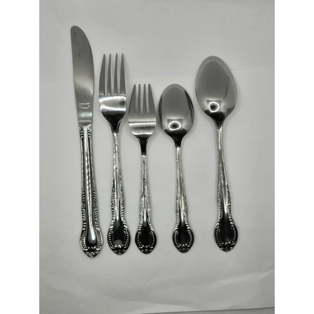 Vintage Stainless Flatware Spoon Knife Fork Columbia Japan Beaded Edge Set of 20